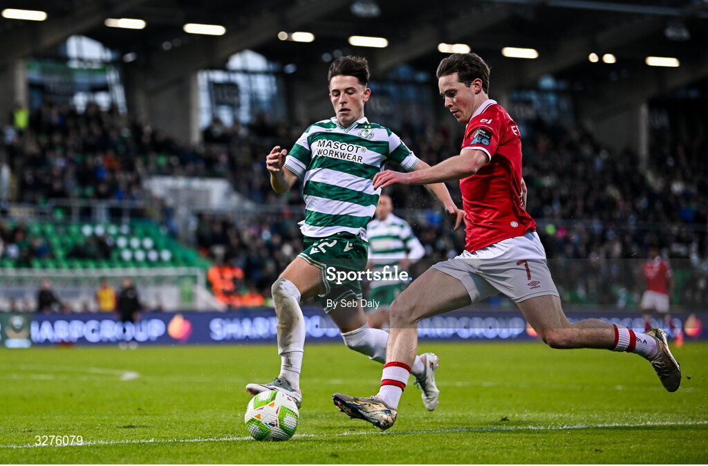 1 November 2025; Will Fitzgerald of Sligo Rovers in action against Cian Barrett of Shamrock Rovers during the SSE Airtricity Men's Premier Division match between Shamrock Rovers and Sligo Rovers at Tallaght Stadium in Dublin. Photo by Seb Daly/Sportsfile
