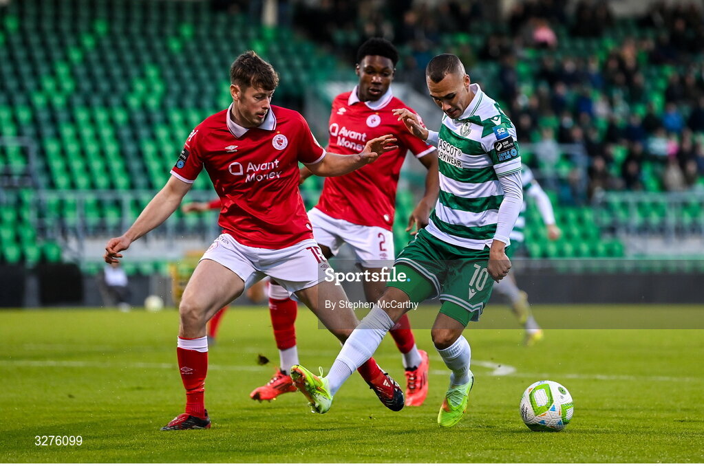 1 November 2025; Graham Burke of Shamrock Rovers in action against Ollie Denham of Sligo Rovers during the SSE Airtricity Men's Premier Division match between Shamrock Rovers and Sligo Rovers at Tallaght Stadium in Dublin. Photo by Stephen McCarthy/Sportsfile