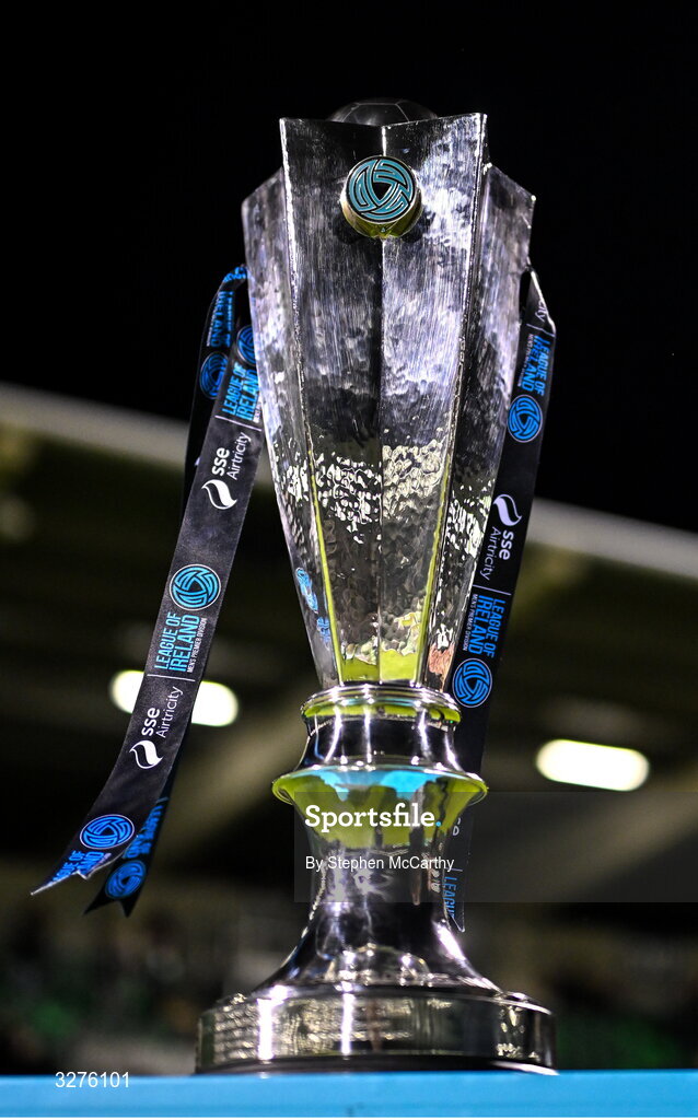 1 November 2025; A detailed view of the SSE Airtricity Men's Premier Division trophy after the SSE Airtricity Men's Premier Division match between Shamrock Rovers and Sligo Rovers at Tallaght Stadium in Dublin. Photo by Stephen McCarthy/Sportsfile