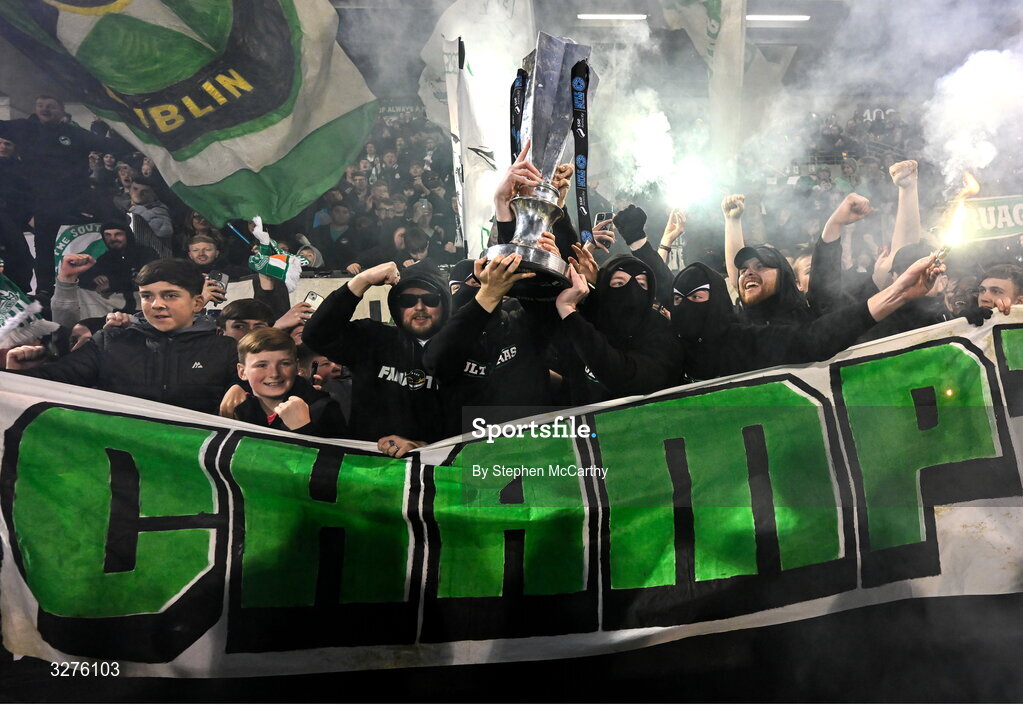 1 November 2025; Shamrock Rovers supporters celebrate with the SSE Airtricity Men's Premier Division trophy after the SSE Airtricity Men's Premier Division match between Shamrock Rovers and Sligo Rovers at Tallaght Stadium in Dublin. Photo by Stephen McCarthy/Sportsfile