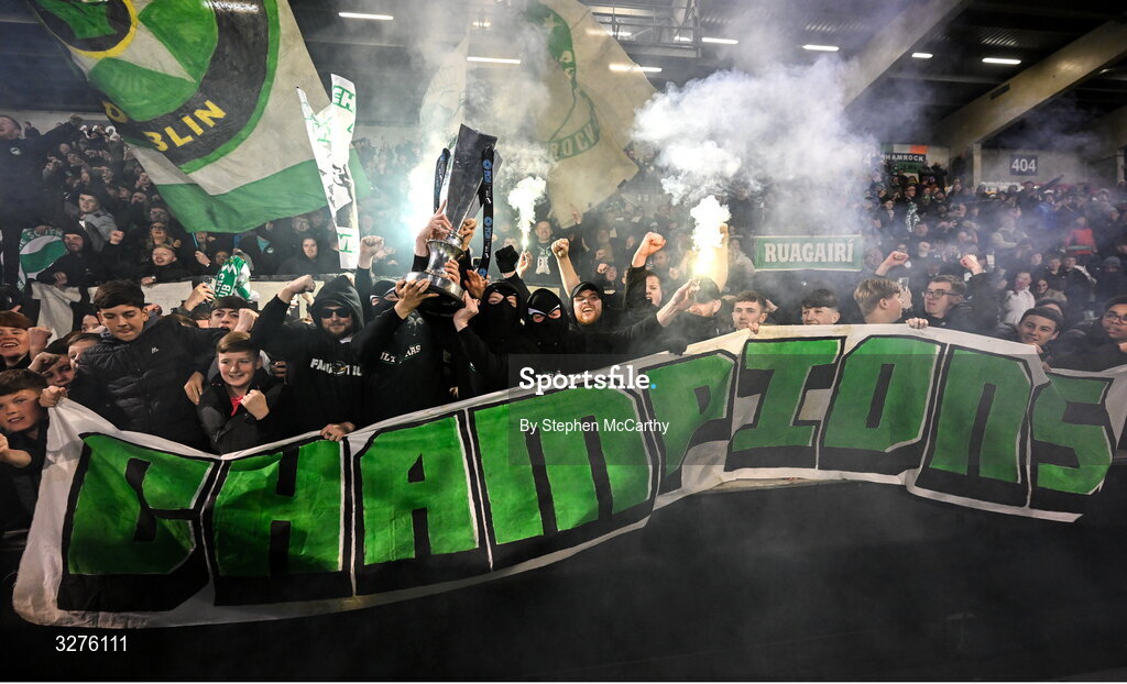 1 November 2025; Shamrock Rovers supporters celebrate with the SSE Airtricity Men's Premier Division trophy after the SSE Airtricity Men's Premier Division match between Shamrock Rovers and Sligo Rovers at Tallaght Stadium in Dublin. Photo by Stephen McCarthy/Sportsfile