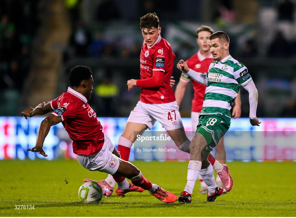 1 November 2025; Trevor Clarke of Shamrock Rovers is tackled by Edwin Agbaje of Sligo Rovers during the SSE Airtricity Men's Premier Division match between Shamrock Rovers and Sligo Rovers at Tallaght Stadium in Dublin. Photo by Stephen McCarthy/Sportsfile