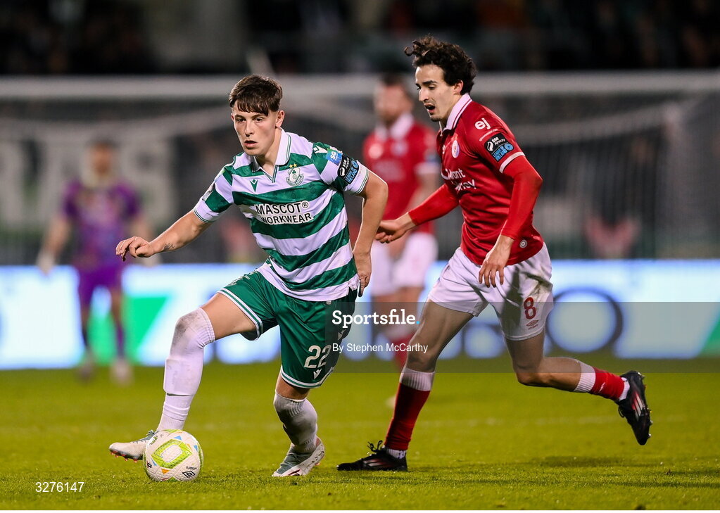1 November 2025; Cian Barrett of Shamrock Rovers in action against Jad Hakiki of Sligo Rovers during the SSE Airtricity Men's Premier Division match between Shamrock Rovers and Sligo Rovers at Tallaght Stadium in Dublin. Photo by Stephen McCarthy/Sportsfile