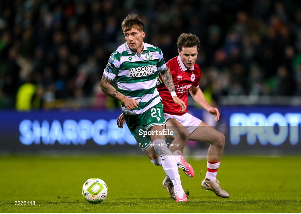 1 November 2025; Danny Grant of Shamrock Rovers in action against Will Fitzgerald of Sligo Rovers during the SSE Airtricity Men's Premier Division match between Shamrock Rovers and Sligo Rovers at Tallaght Stadium in Dublin. Photo by Stephen McCarthy/Sportsfile