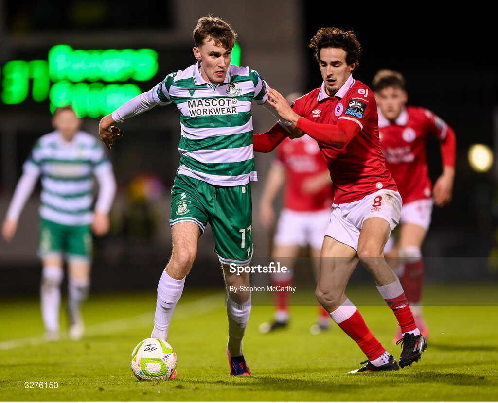 1 November 2025; Matt Healy of Shamrock Rovers in action against Jad Hakiki of Sligo Rovers during the SSE Airtricity Men's Premier Division match between Shamrock Rovers and Sligo Rovers at Tallaght Stadium in Dublin. Photo by Stephen McCarthy/Sportsfile