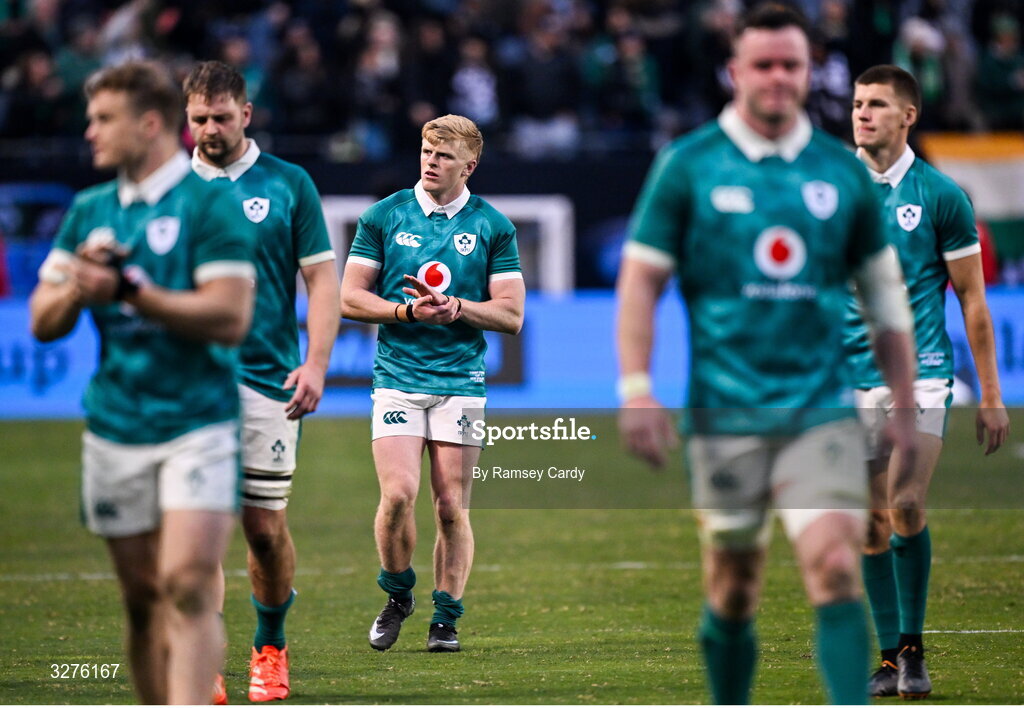 1 November 2025; Tommy O'Brien of Ireland after the Gallagher Cup match between Ireland and New Zealand at Soldier Field in Chicago, USA. Photo by Ramsey Cardy/Sportsfile