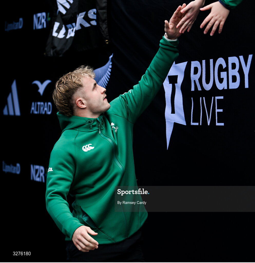 1 November 2025; Craig Casey of Ireland before the Gallagher Cup match between Ireland and New Zealand at Soldier Field in Chicago, USA. Photo by Ramsey Cardy/Sportsfile