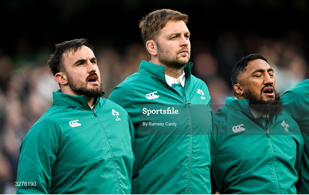 1 November 2025; Ireland players, from left, Ronan Kelleher, Iain Henderson and Bundee Aki before the Gallagher Cup match between Ireland and New Zealand at Soldier Field in Chicago, USA. Photo by Ramsey Cardy/Sportsfile