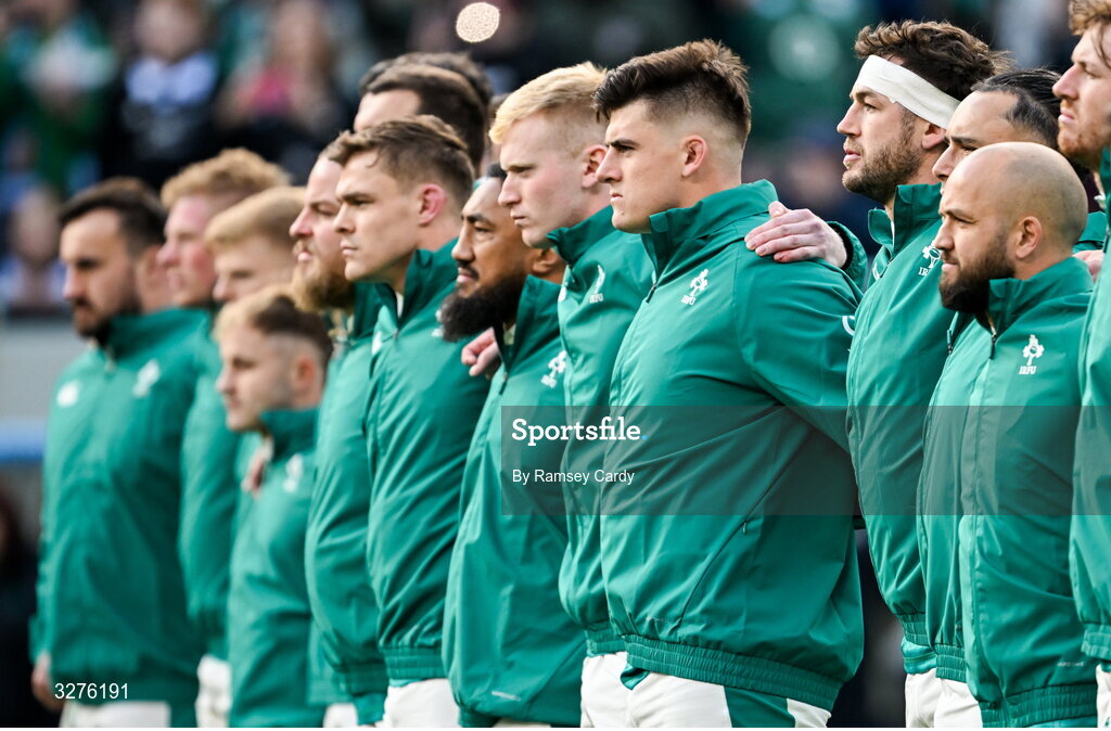 1 November 2025; Dan Sheehan and Caelan Doris face the Haka with their Ireland teammates before the Gallagher Cup match between Ireland and New Zealand at Soldier Field in Chicago, USA. Photo by Ramsey Cardy/Sportsfile