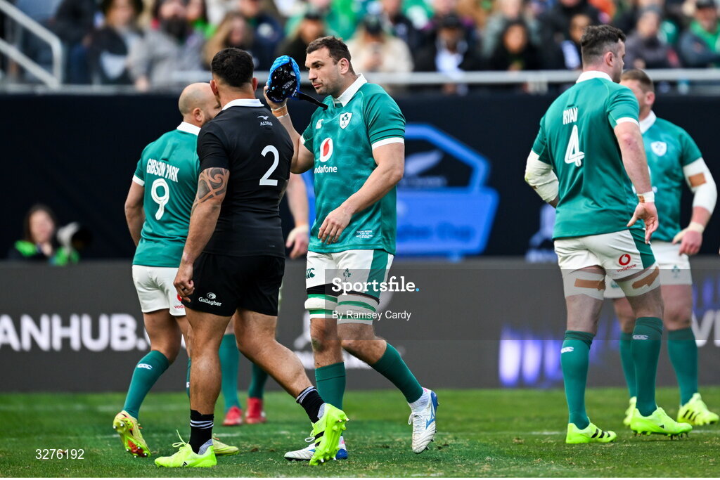1 November 2025; Tadhg Beirne of Ireland leaves the pitch after being shown a yellow card, which was subsequently upgraded to a red card, during the Gallagher Cup match between Ireland and New Zealand at Soldier Field in Chicago, USA. Photo by Ramsey Cardy/Sportsfile