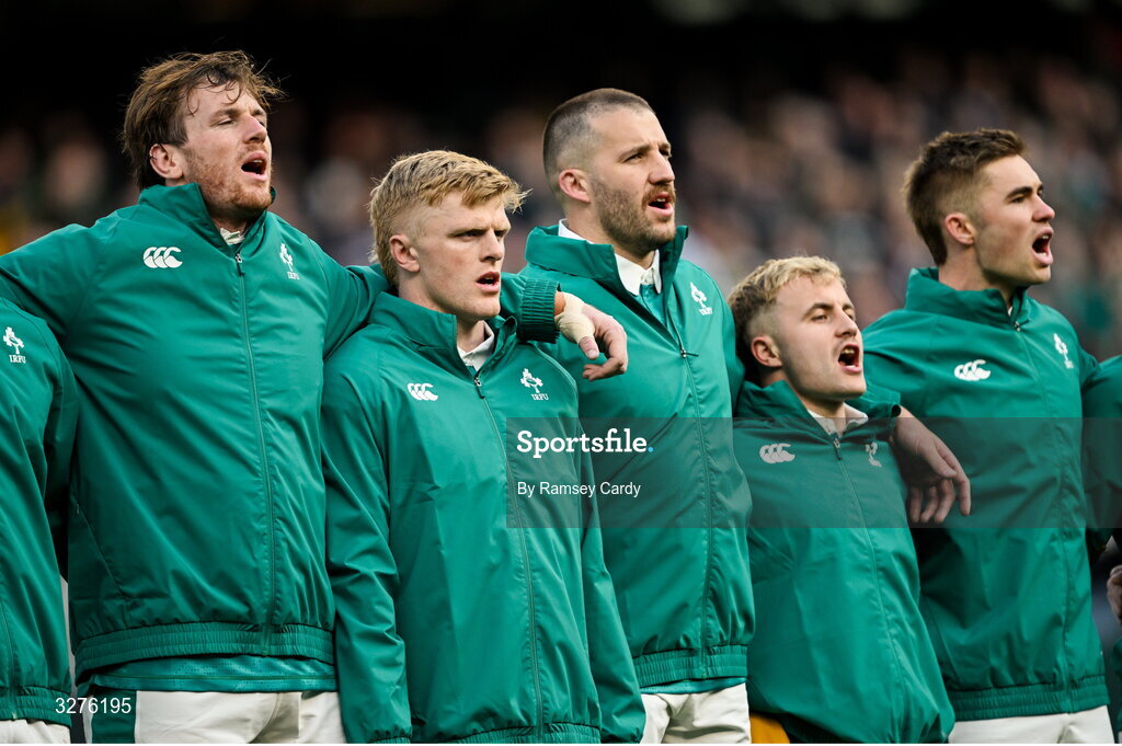 1 November 2025; Ireland players, from left, Ryan Baird, Tommy O'Brien, Stuart McCloskey, Craig Casey and Jack Crowley before the Gallagher Cup match between Ireland and New Zealand at Soldier Field in Chicago, USA. Photo by Ramsey Cardy/Sportsfile