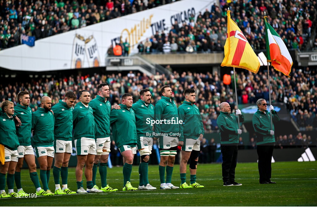 1 November 2025; Ireland players, from left, Craig Casey, Jack Crowley, Jamison Gibson-Park, Garry Ringrose, James Lowe, James Ryan, Tadhg Furlong, Jack Conan, Tadhg Beirne and Dan Sheehan before the Gallagher Cup match between Ireland and New Zealand at Soldier Field in Chicago, USA. Photo by Ramsey Cardy/Sportsfile