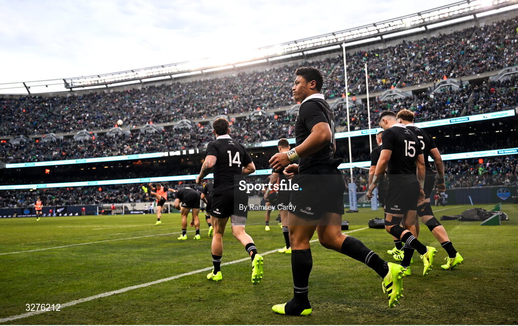 1 November 2025; Caleb Clarke of New Zealand runs out for the second half of the Gallagher Cup match between Ireland and New Zealand at Soldier Field in Chicago, USA. Photo by Ramsey Cardy/Sportsfile
