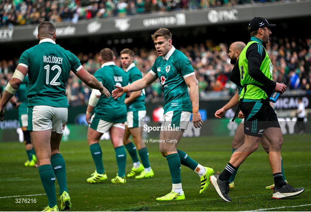1 November 2025; Garry Ringrose, right, and Stuart McCloskey of Ireland celebrate after teammate Tadhg Furlong, not pictured, scores their side's first try during the Gallagher Cup match between Ireland and New Zealand at Soldier Field in Chicago, USA. Photo by Ramsey Cardy/Sportsfile