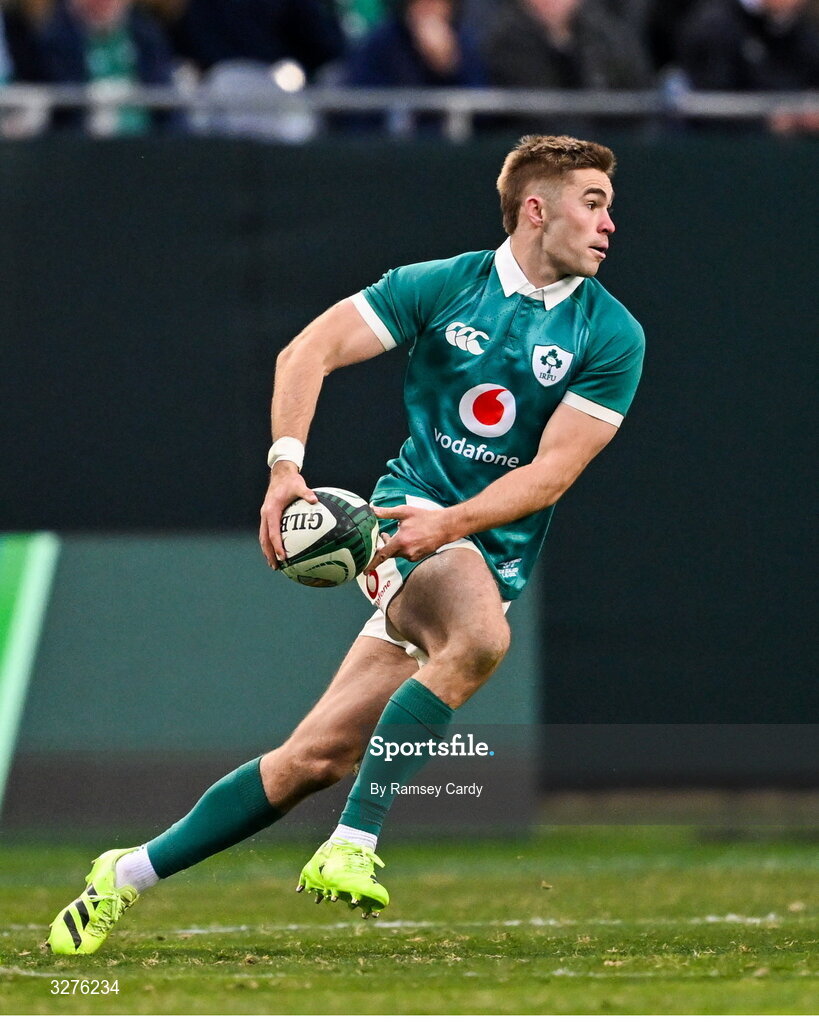 1 November 2025; Jack Crowley of Ireland during the Gallagher Cup match between Ireland and New Zealand at Soldier Field in Chicago, USA. Photo by Ramsey Cardy/Sportsfile