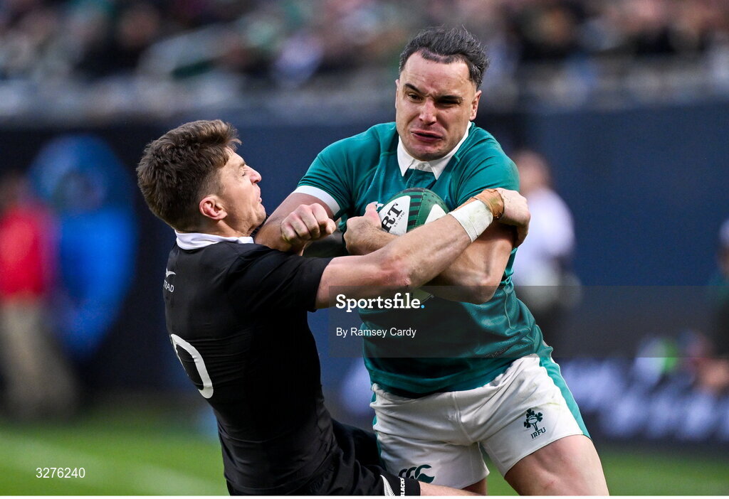 1 November 2025; James Lowe of Ireland in action against Beauden Barrett of New Zealand during the Gallagher Cup match between Ireland and New Zealand at Soldier Field in Chicago, USA. Photo by Ramsey Cardy/Sportsfile