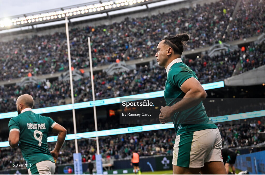 1 November 2025; James Lowe of Ireland runs out for the second half of the Gallagher Cup match between Ireland and New Zealand at Soldier Field in Chicago, USA. Photo by Ramsey Cardy/Sportsfile