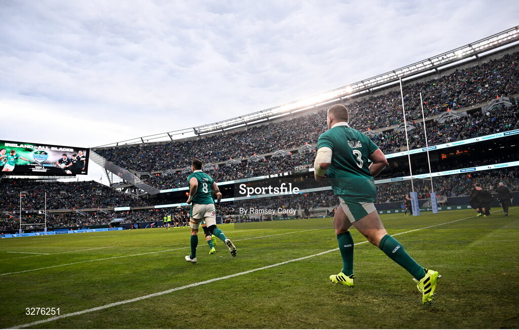 1 November 2025; Tadhg Furlong of Ireland runs out for the second half of the Gallagher Cup match between Ireland and New Zealand at Soldier Field in Chicago, USA. Photo by Ramsey Cardy/Sportsfile