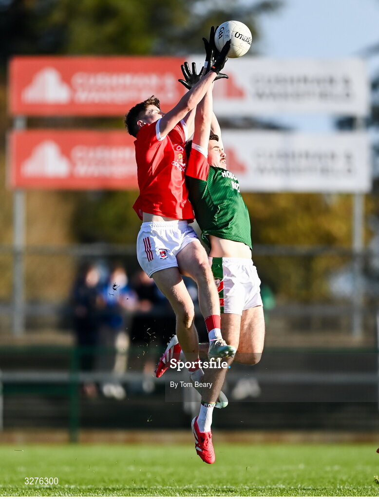 1 November 2025; Ruaidhrí Fallon of St Brigid's and Declan Kenny of Pádraig Pearses contest a kickout during the Roscommon County Senior Club Football Championship Final Replay between St Brigid's and Pádraig Pearses at King & Moffatt Dr Hyde Park in Roscommon. Photo by Tom Beary/Sportsfile