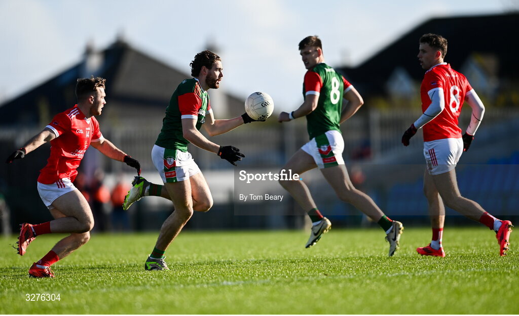 1 November 2025; Eddie Nolan of St Brigid's in action against Jack Tumulty of Pádraig Pearses during the Roscommon County Senior Club Football Championship Final Replay between St Brigid's and Pádraig Pearses at King & Moffatt Dr Hyde Park in Roscommon. Photo by Tom Beary/Sportsfile