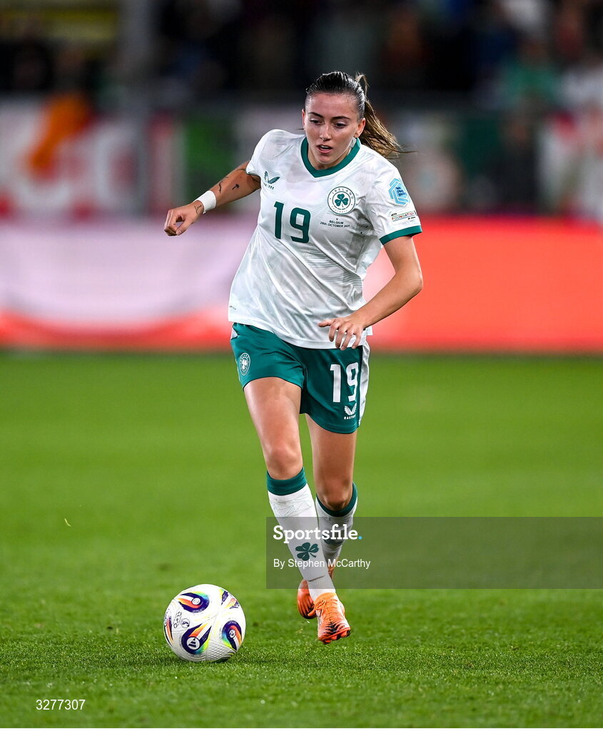 28 October 2025; Abbie Larkin of Republic of Ireland during the UEFA Women's Nations League A/B promotion/relegation play-off second leg match between Belgium and Republic of Ireland at The King Power At Den Dreef Stadium in Leuven, Belgium. Photo by Stephen McCarthy/Sportsfile