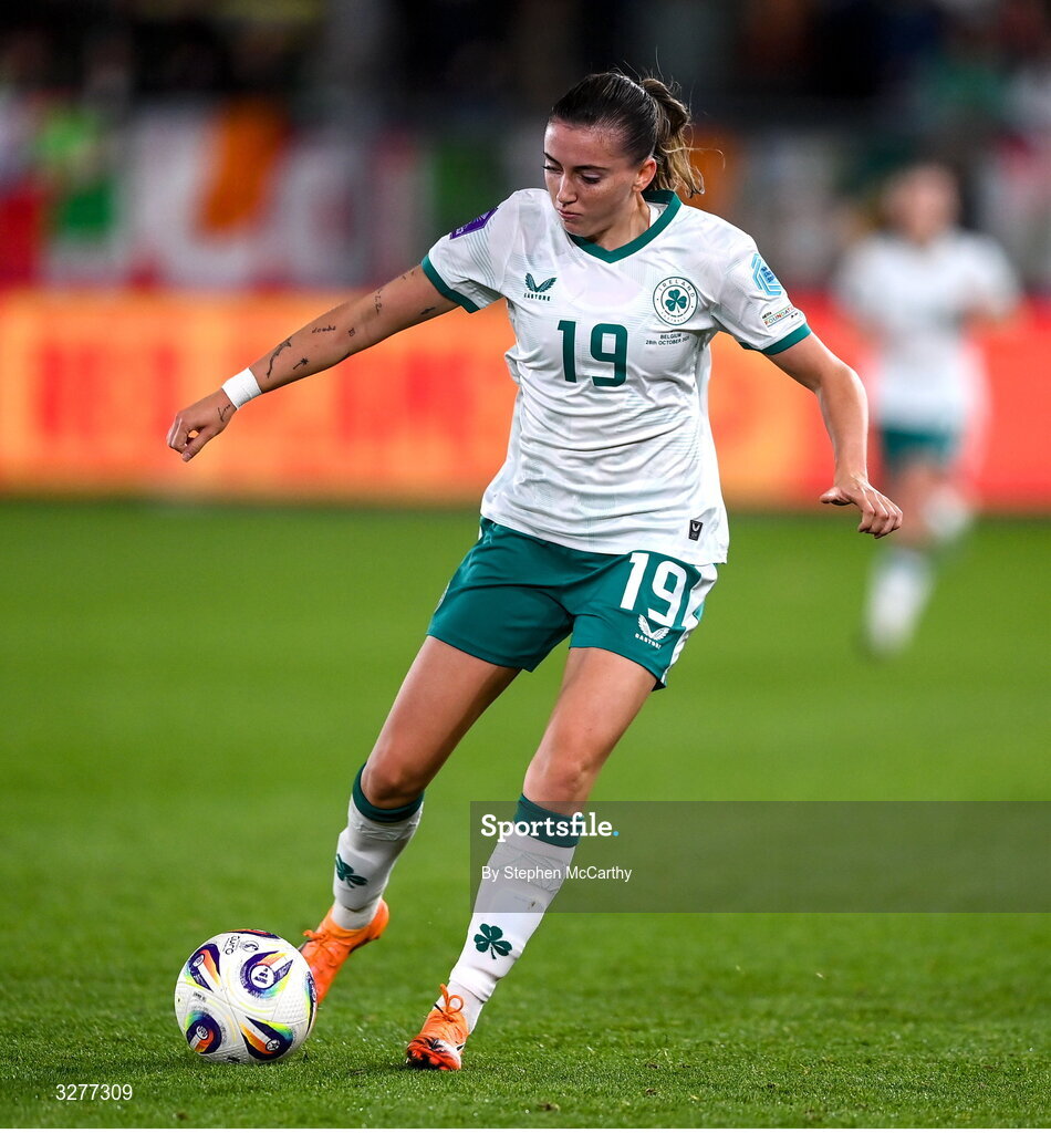 28 October 2025; Abbie Larkin of Republic of Ireland during the UEFA Women's Nations League A/B promotion/relegation play-off second leg match between Belgium and Republic of Ireland at The King Power At Den Dreef Stadium in Leuven, Belgium. Photo by Stephen McCarthy/Sportsfile