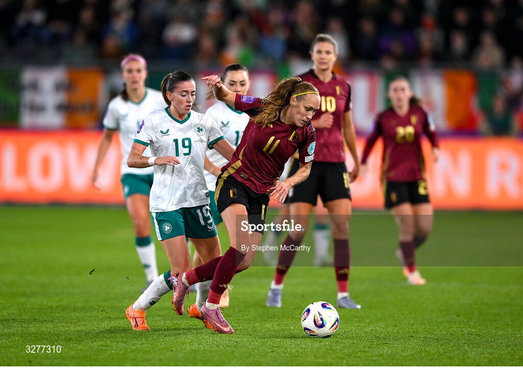 28 October 2025; Janice Cayman of Belgium in action against Abbie Larkin of Republic of Ireland during the UEFA Women's Nations League A/B promotion/relegation play-off second leg match between Belgium and Republic of Ireland at The King Power At Den Dreef Stadium in Leuven, Belgium. Photo by Stephen McCarthy/Sportsfile