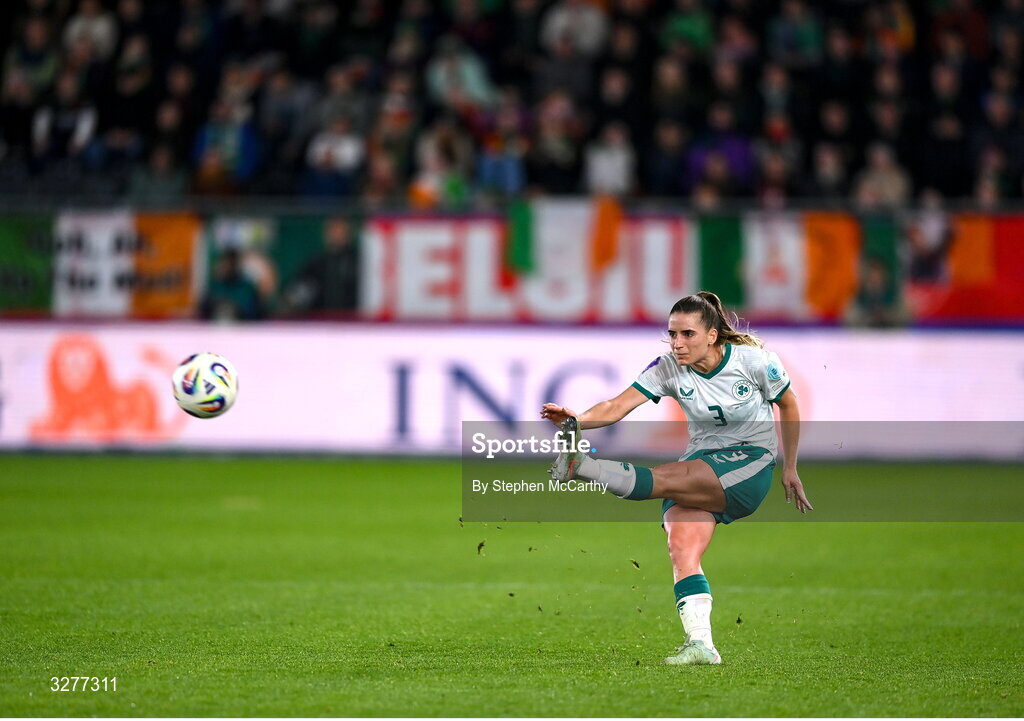 28 October 2025; Chloe Mustaki of Republic of Ireland during the UEFA Women's Nations League A/B promotion/relegation play-off second leg match between Belgium and Republic of Ireland at The King Power At Den Dreef Stadium in Leuven, Belgium. Photo by Stephen McCarthy/Sportsfile