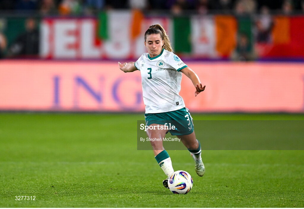 28 October 2025; Chloe Mustaki of Republic of Ireland during the UEFA Women's Nations League A/B promotion/relegation play-off second leg match between Belgium and Republic of Ireland at The King Power At Den Dreef Stadium in Leuven, Belgium. Photo by Stephen McCarthy/Sportsfile
