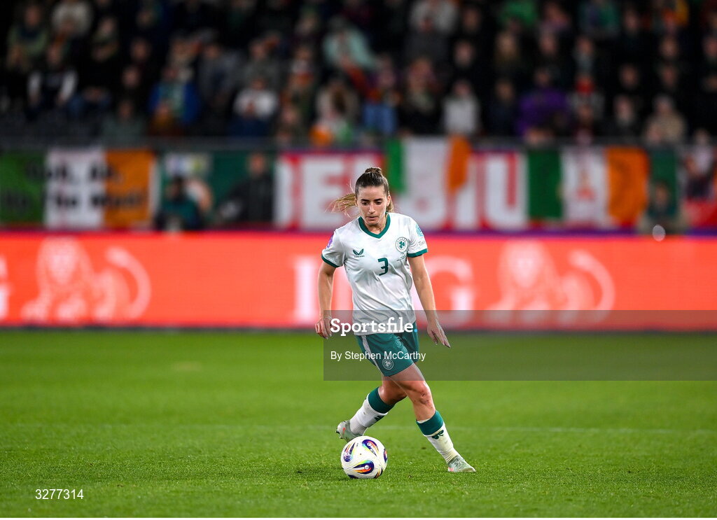 28 October 2025; Chloe Mustaki of Republic of Ireland during the UEFA Women's Nations League A/B promotion/relegation play-off second leg match between Belgium and Republic of Ireland at The King Power At Den Dreef Stadium in Leuven, Belgium. Photo by Stephen McCarthy/Sportsfile