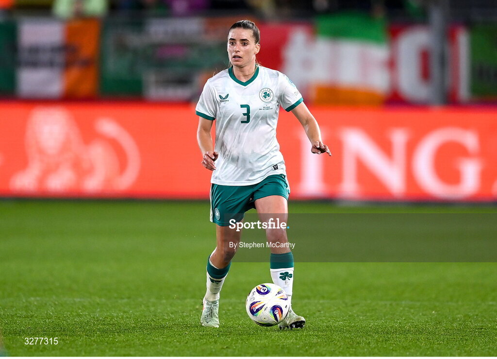 28 October 2025; Chloe Mustaki of Republic of Ireland during the UEFA Women's Nations League A/B promotion/relegation play-off second leg match between Belgium and Republic of Ireland at The King Power At Den Dreef Stadium in Leuven, Belgium. Photo by Stephen McCarthy/Sportsfile