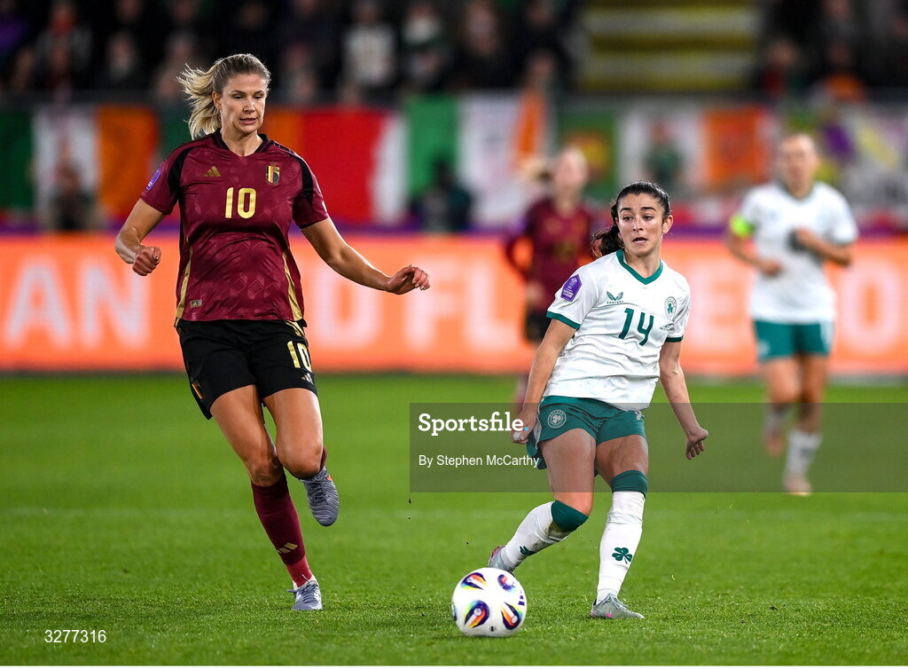 28 October 2025; Marissa Sheva of Republic of Ireland in action against Justine Vanhaevermaet of Belgium during the UEFA Women's Nations League A/B promotion/relegation play-off second leg match between Belgium and Republic of Ireland at The King Power At Den Dreef Stadium in Leuven, Belgium. Photo by Stephen McCarthy/Sportsfile