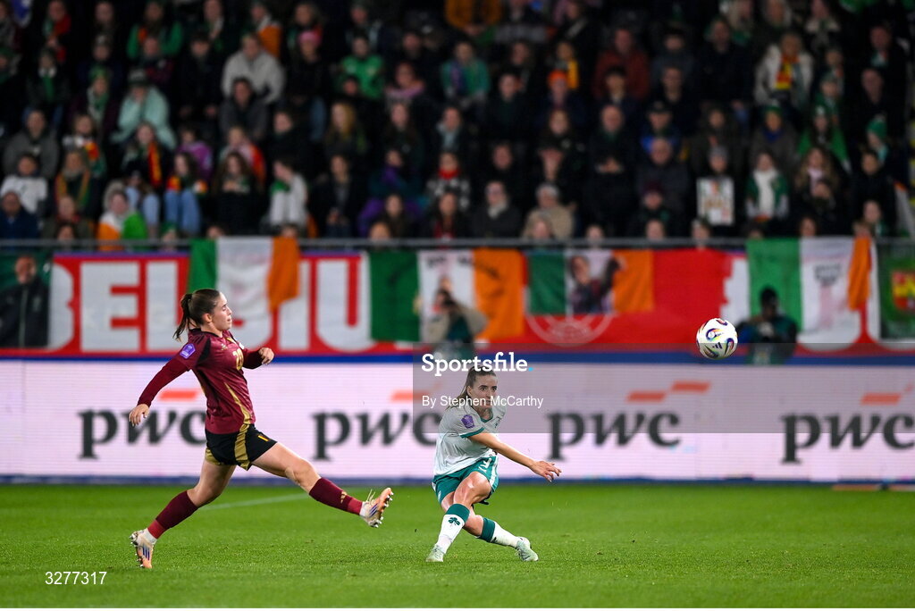 28 October 2025; Chloe Mustaki of Republic of Ireland in action against Marie Detruyer of Belgium during the UEFA Women's Nations League A/B promotion/relegation play-off second leg match between Belgium and Republic of Ireland at The King Power At Den Dreef Stadium in Leuven, Belgium. Photo by Stephen McCarthy/Sportsfile