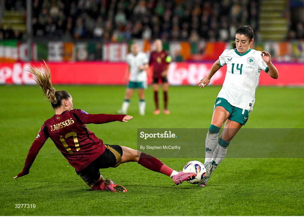28 October 2025; Marissa Sheva of Republic of Ireland in action against Jill Janssens of Belgium during the UEFA Women's Nations League A/B promotion/relegation play-off second leg match between Belgium and Republic of Ireland at The King Power At Den Dreef Stadium in Leuven, Belgium. Photo by Stephen McCarthy/Sportsfile