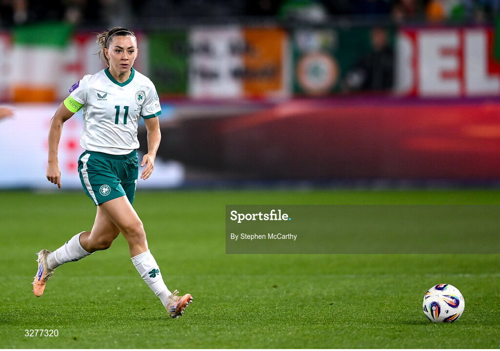 28 October 2025; Katie McCabe of Republic of Ireland during the UEFA Women's Nations League A/B promotion/relegation play-off second leg match between Belgium and Republic of Ireland at The King Power At Den Dreef Stadium in Leuven, Belgium. Photo by Stephen McCarthy/Sportsfile
