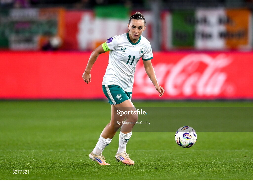 28 October 2025; Katie McCabe of Republic of Ireland during the UEFA Women's Nations League A/B promotion/relegation play-off second leg match between Belgium and Republic of Ireland at The King Power At Den Dreef Stadium in Leuven, Belgium. Photo by Stephen McCarthy/Sportsfile