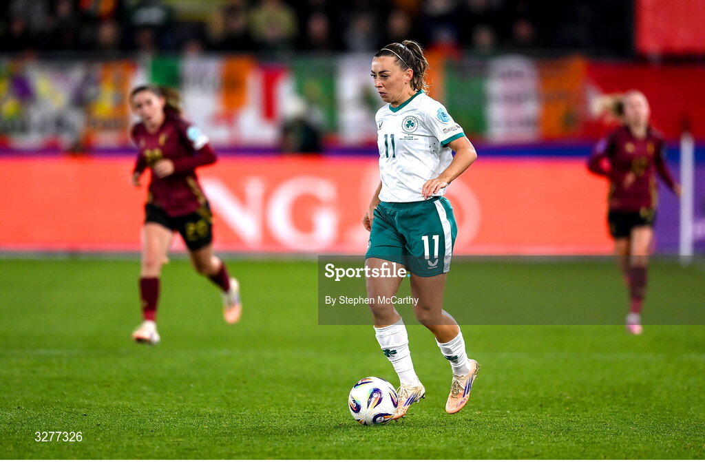 28 October 2025; Katie McCabe of Republic of Ireland during the UEFA Women's Nations League A/B promotion/relegation play-off second leg match between Belgium and Republic of Ireland at The King Power At Den Dreef Stadium in Leuven, Belgium. Photo by Stephen McCarthy/Sportsfile