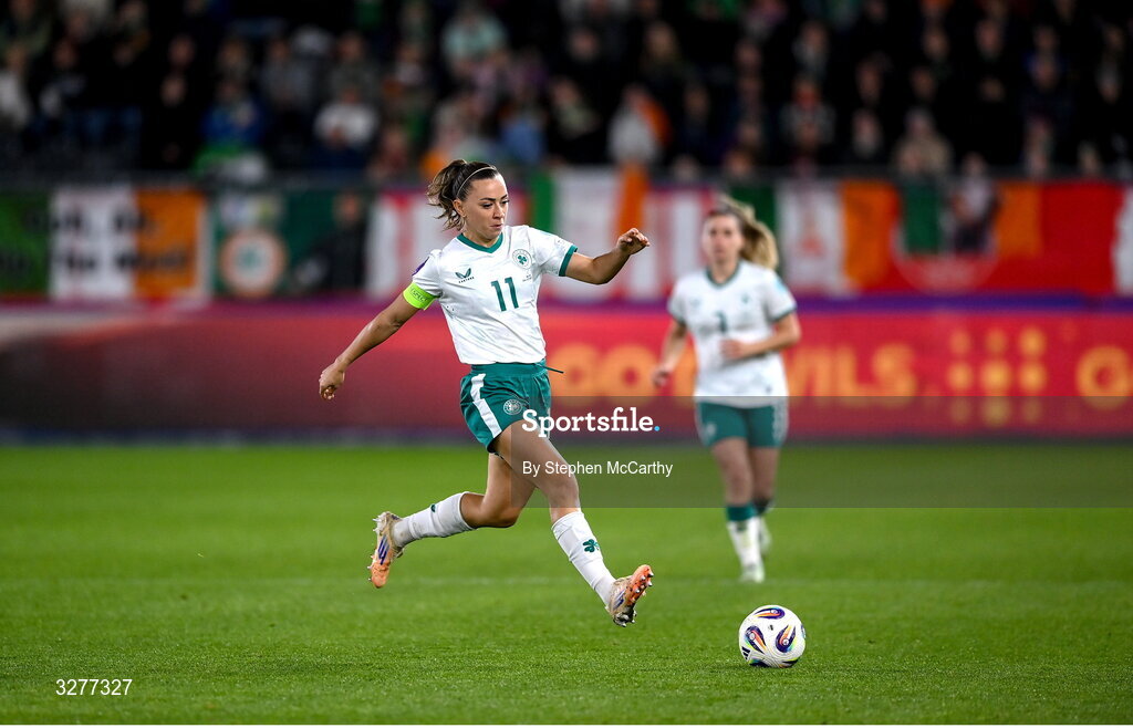 28 October 2025; Katie McCabe of Republic of Ireland during the UEFA Women's Nations League A/B promotion/relegation play-off second leg match between Belgium and Republic of Ireland at The King Power At Den Dreef Stadium in Leuven, Belgium. Photo by Stephen McCarthy/Sportsfile