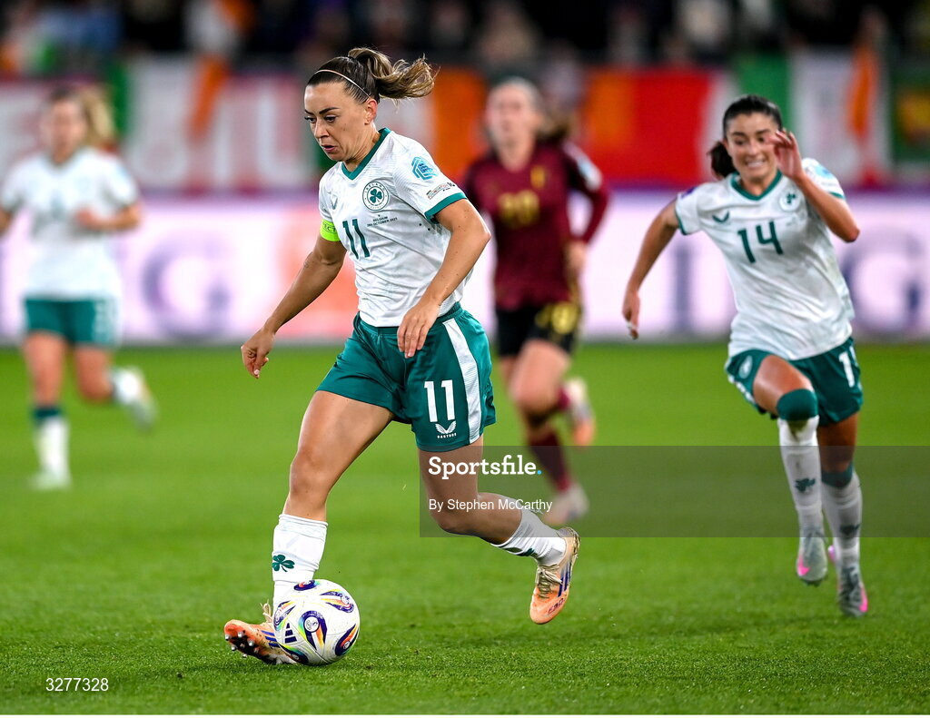 28 October 2025; Katie McCabe of Republic of Ireland during the UEFA Women's Nations League A/B promotion/relegation play-off second leg match between Belgium and Republic of Ireland at The King Power At Den Dreef Stadium in Leuven, Belgium. Photo by Stephen McCarthy/Sportsfile