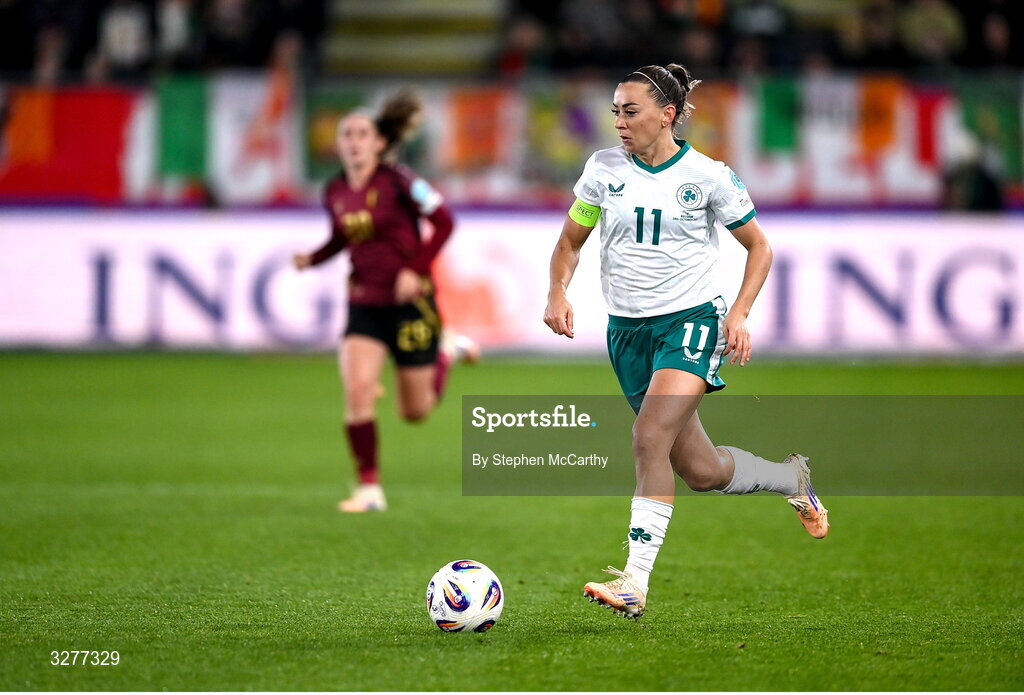 28 October 2025; Katie McCabe of Republic of Ireland during the UEFA Women's Nations League A/B promotion/relegation play-off second leg match between Belgium and Republic of Ireland at The King Power At Den Dreef Stadium in Leuven, Belgium. Photo by Stephen McCarthy/Sportsfile