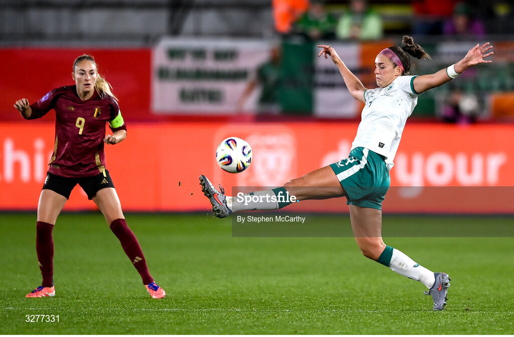 28 October 2025; Caitlin Hayes of Republic of Ireland in action against Tessa Wullaert of Belgium during the UEFA Women's Nations League A/B promotion/relegation play-off second leg match between Belgium and Republic of Ireland at The King Power At Den Dreef Stadium in Leuven, Belgium. Photo by Stephen McCarthy/Sportsfile