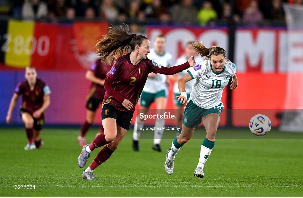 28 October 2025; Kyra Carusa of Republic of Ireland in action against Sari Kees of Belgium during the UEFA Women's Nations League A/B promotion/relegation play-off second leg match between Belgium and Republic of Ireland at The King Power At Den Dreef Stadium in Leuven, Belgium. Photo by Stephen McCarthy/Sportsfile