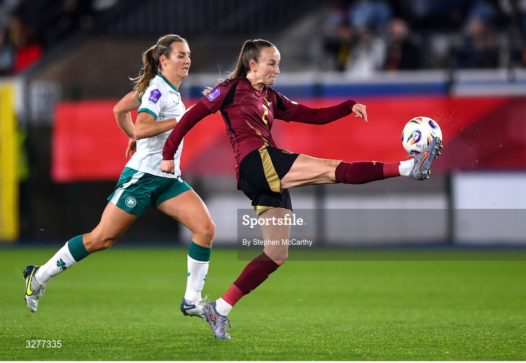 28 October 2025; Sari Kees of Belgium in action against Kyra Carusa of Republic of Ireland during the UEFA Women's Nations League A/B promotion/relegation play-off second leg match between Belgium and Republic of Ireland at The King Power At Den Dreef Stadium in Leuven, Belgium. Photo by Stephen McCarthy/Sportsfile
