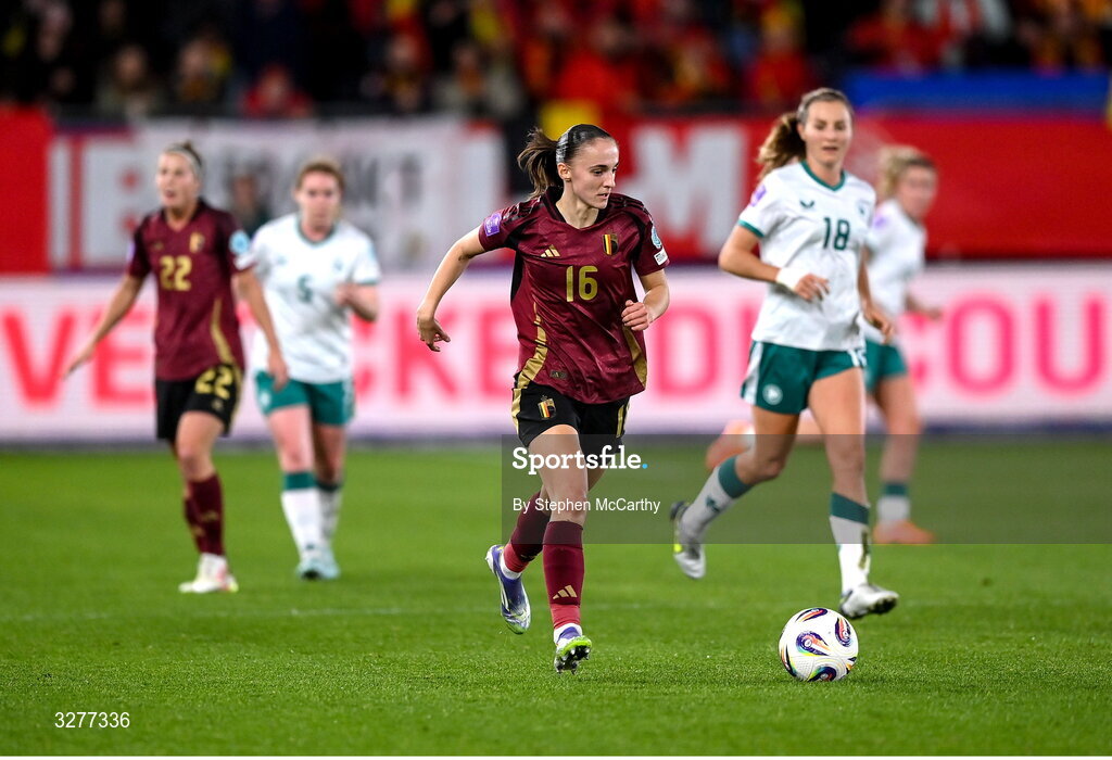 28 October 2025; Zenia Mertens of Belgium during the UEFA Women's Nations League A/B promotion/relegation play-off second leg match between Belgium and Republic of Ireland at The King Power At Den Dreef Stadium in Leuven, Belgium. Photo by Stephen McCarthy/Sportsfile