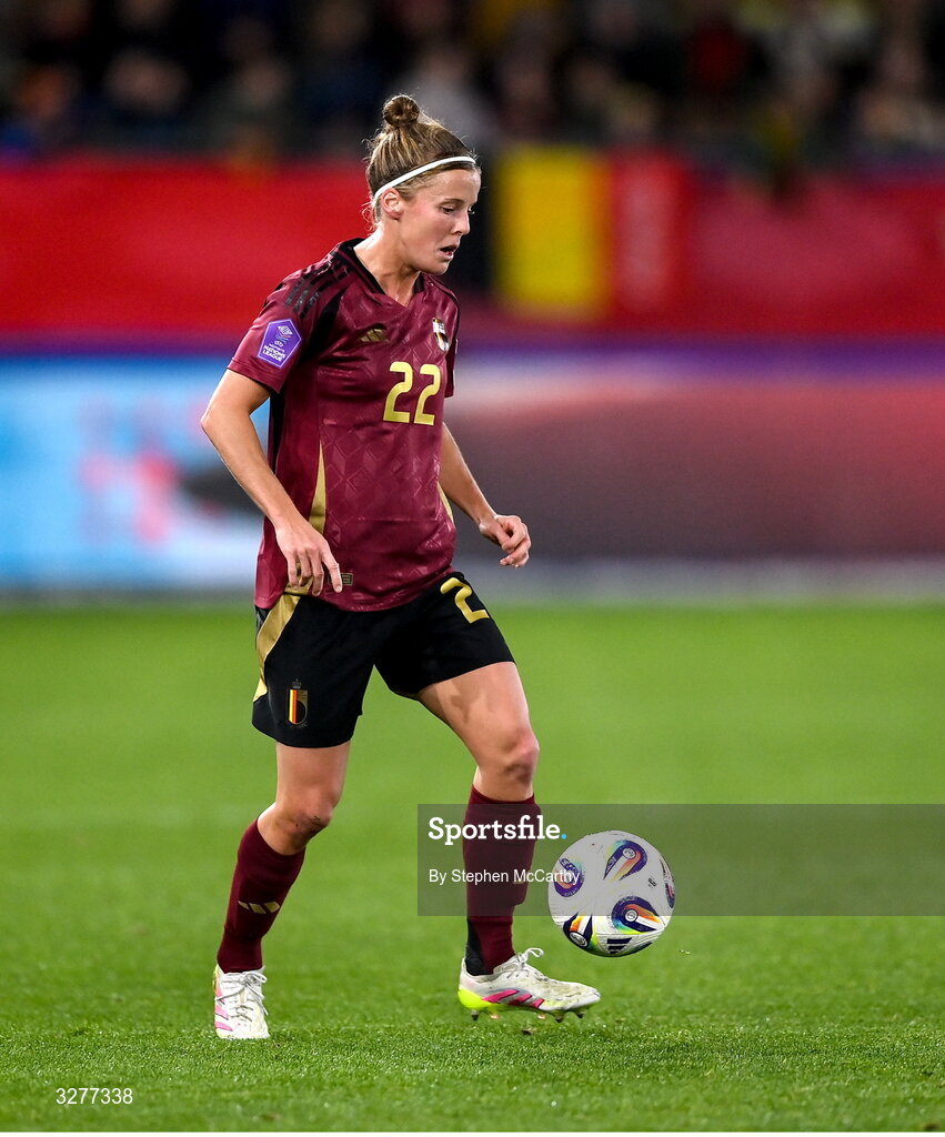 28 October 2025; Laura Deloose of Belgium during the UEFA Women's Nations League A/B promotion/relegation play-off second leg match between Belgium and Republic of Ireland at The King Power At Den Dreef Stadium in Leuven, Belgium. Photo by Stephen McCarthy/Sportsfile