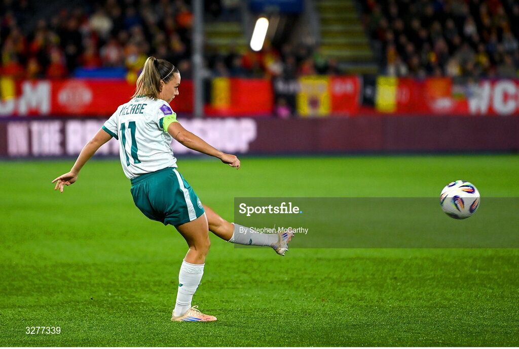 28 October 2025; Katie McCabe of Republic of Ireland during the UEFA Women's Nations League A/B promotion/relegation play-off second leg match between Belgium and Republic of Ireland at The King Power At Den Dreef Stadium in Leuven, Belgium. Photo by Stephen McCarthy/Sportsfile