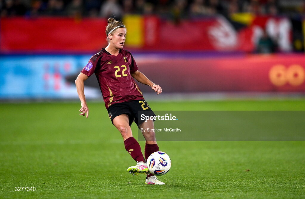 28 October 2025; Laura Deloose of Belgium during the UEFA Women's Nations League A/B promotion/relegation play-off second leg match between Belgium and Republic of Ireland at The King Power At Den Dreef Stadium in Leuven, Belgium. Photo by Stephen McCarthy/Sportsfile
