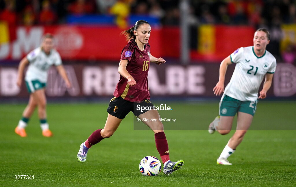 28 October 2025; Zenia Mertens of Belgium during the UEFA Women's Nations League A/B promotion/relegation play-off second leg match between Belgium and Republic of Ireland at The King Power At Den Dreef Stadium in Leuven, Belgium. Photo by Stephen McCarthy/Sportsfile