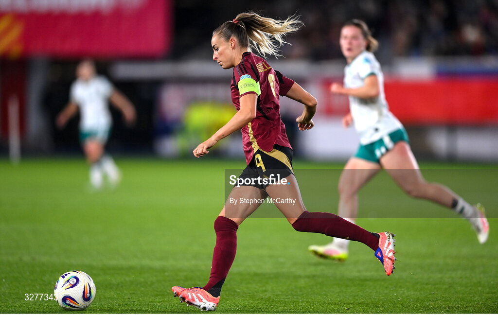 28 October 2025; Tessa Wullaert of Belgium during the UEFA Women's Nations League A/B promotion/relegation play-off second leg match between Belgium and Republic of Ireland at The King Power At Den Dreef Stadium in Leuven, Belgium. Photo by Stephen McCarthy/Sportsfile