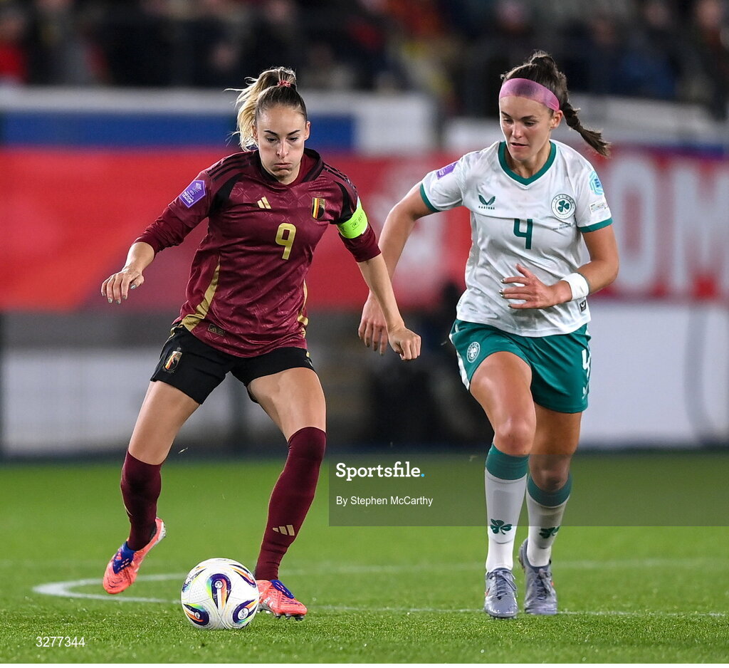 28 October 2025; Tessa Wullaert of Belgium in action against Caitlin Hayes of Republic of Ireland during the UEFA Women's Nations League A/B promotion/relegation play-off second leg match between Belgium and Republic of Ireland at The King Power At Den Dreef Stadium in Leuven, Belgium. Photo by Stephen McCarthy/Sportsfile
